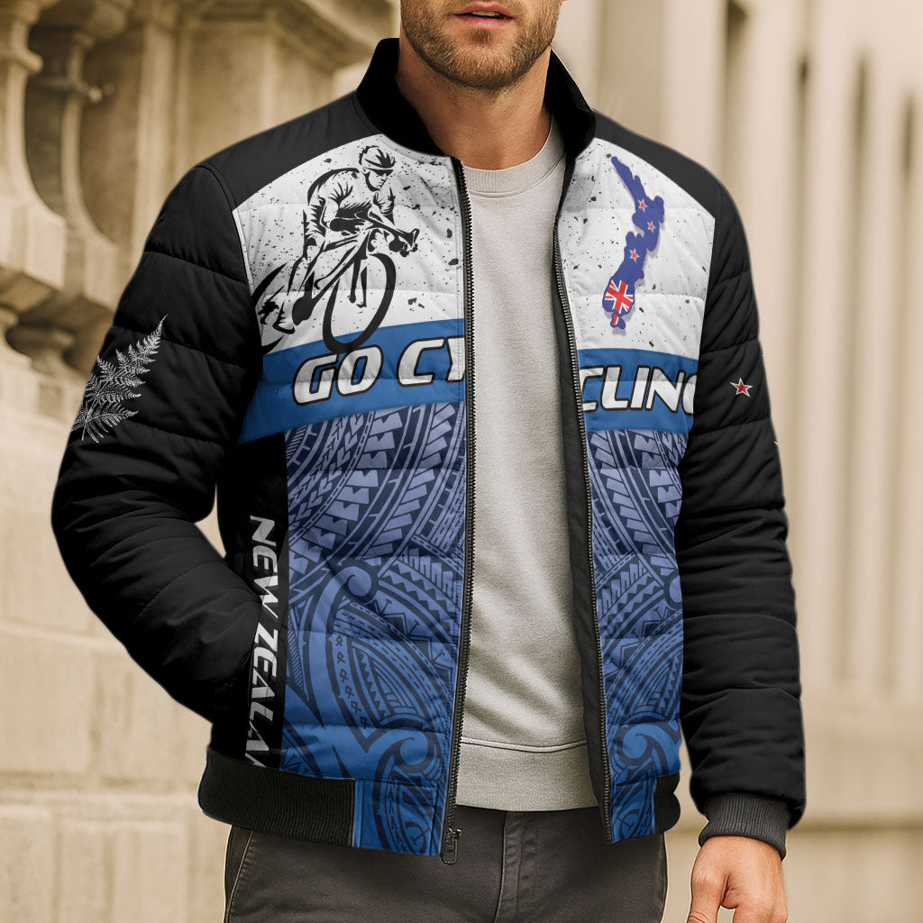 Personalised Cycling New Zealand Bomber Puffer Jacket Aotearoa Map Fern Maori Pattern
