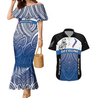 Personalised Cycling New Zealand Couples Matching Mermaid Dress and Hawaiian Shirt Aotearoa Map Fern Maori Pattern LT22 Blue - Polynesian Pride
