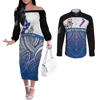 Personalised Cycling New Zealand Couples Matching Off The Shoulder Long Sleeve Dress and Long Sleeve Button Shirt Aotearoa Map Fern Maori Pattern LT22 Blue - Polynesian Pride