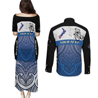 Personalised Cycling New Zealand Couples Matching Puletasi and Long Sleeve Button Shirt Aotearoa Map Fern Maori Pattern