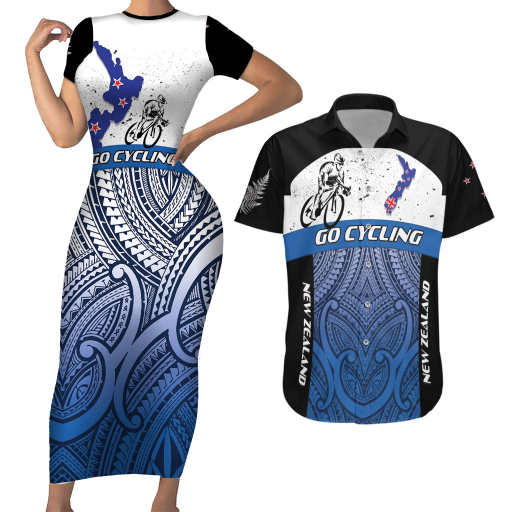 Personalised Cycling New Zealand Couples Matching Short Sleeve Bodycon Dress and Hawaiian Shirt Aotearoa Map Fern Maori Pattern LT22 Blue - Polynesian Pride