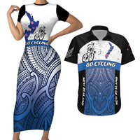 Personalised Cycling New Zealand Couples Matching Short Sleeve Bodycon Dress and Hawaiian Shirt Aotearoa Map Fern Maori Pattern LT22 Blue - Polynesian Pride