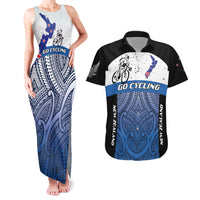 Personalised Cycling New Zealand Couples Matching Tank Maxi Dress and Hawaiian Shirt Aotearoa Map Fern Maori Pattern LT22 Blue - Polynesian Pride