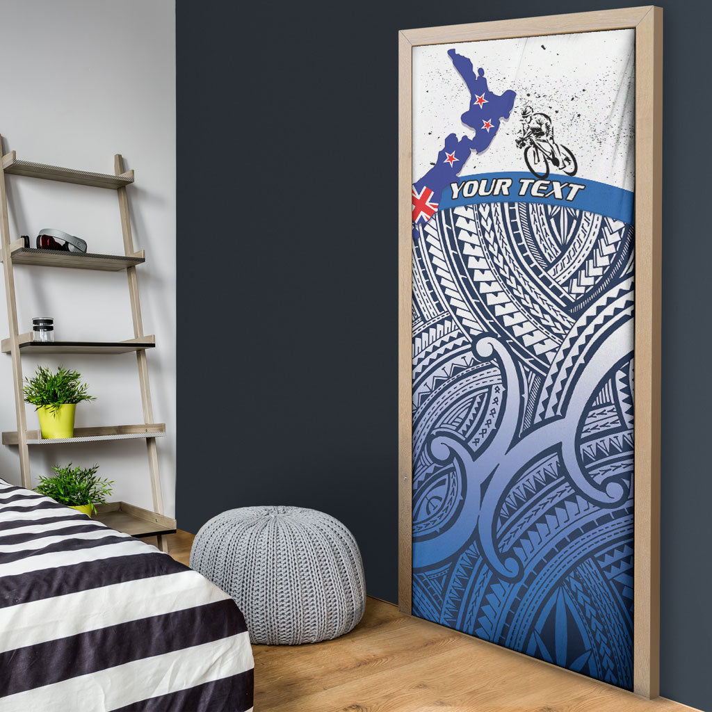 Personalised Cycling New Zealand Door Cover Aotearoa Map Fern Maori Pattern