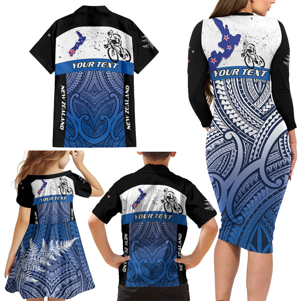 Personalised Cycling New Zealand Family Matching Long Sleeve Bodycon Dress and Hawaiian Shirt Aotearoa Map Fern Maori Pattern LT22 - Polynesian Pride