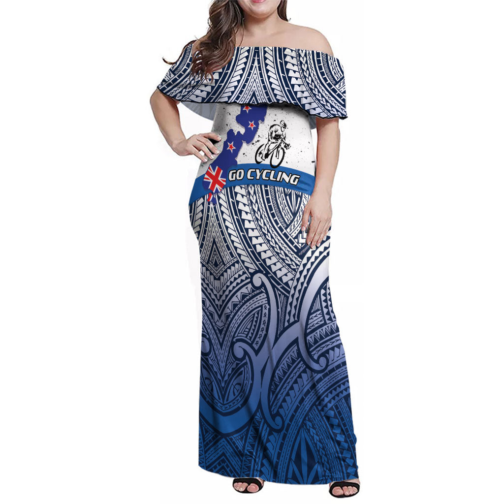 Personalised Cycling New Zealand Family Matching Off Shoulder Maxi Dress and Hawaiian Shirt Aotearoa Map Fern Maori Pattern LT22 Mom's Dress Blue - Polynesian Pride
