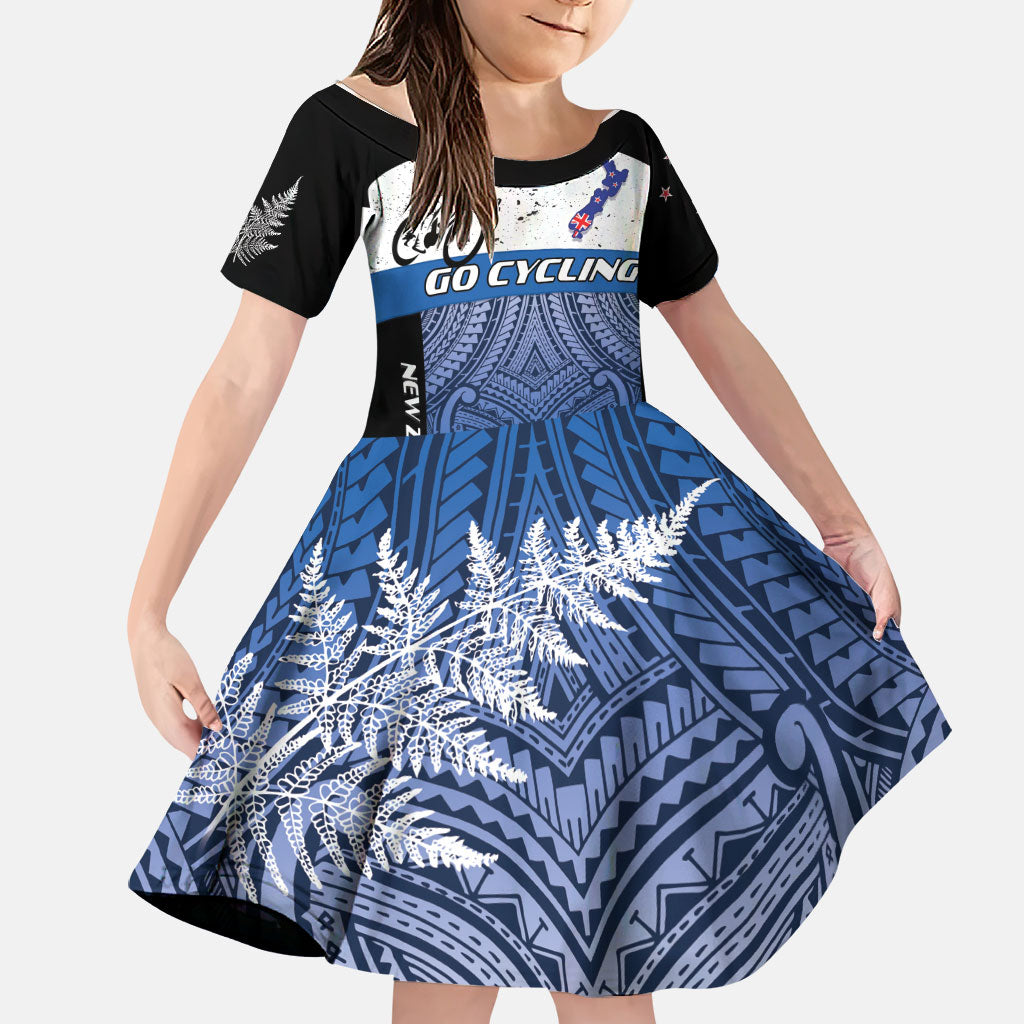 Personalised Cycling New Zealand Family Matching Off Shoulder Short Dress and Hawaiian Shirt Aotearoa Map Fern Maori Pattern LT22 Daughter's Dress Blue - Polynesian Pride