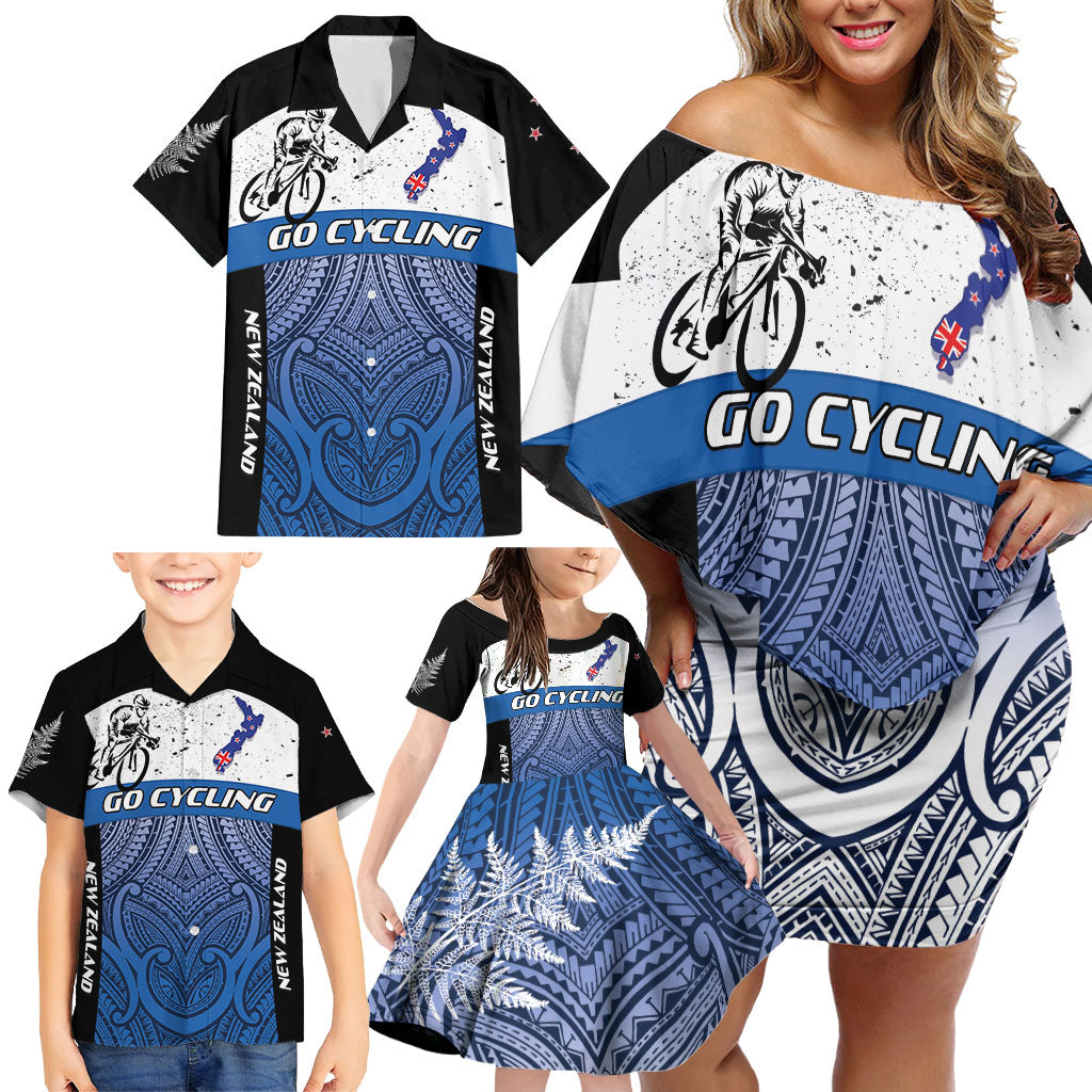 Personalised Cycling New Zealand Family Matching Off Shoulder Short Dress and Hawaiian Shirt Aotearoa Map Fern Maori Pattern LT22 - Polynesian Pride