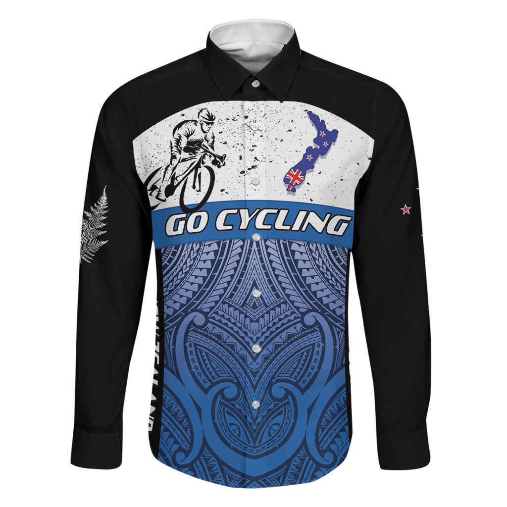 Personalised Cycling New Zealand Family Matching Short Sleeve Bodycon Dress and Hawaiian Shirt Aotearoa Map Fern Maori Pattern LT22 Dad's Shirt - Long Sleeve Blue - Polynesian Pride