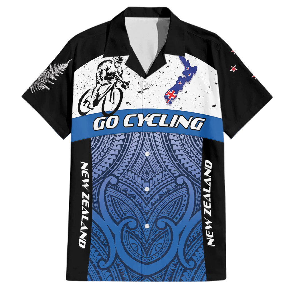 Personalised Cycling New Zealand Family Matching Tank Maxi Dress and Hawaiian Shirt Aotearoa Map Fern Maori Pattern LT22 Dad's Shirt - Short Sleeve Blue - Polynesian Pride