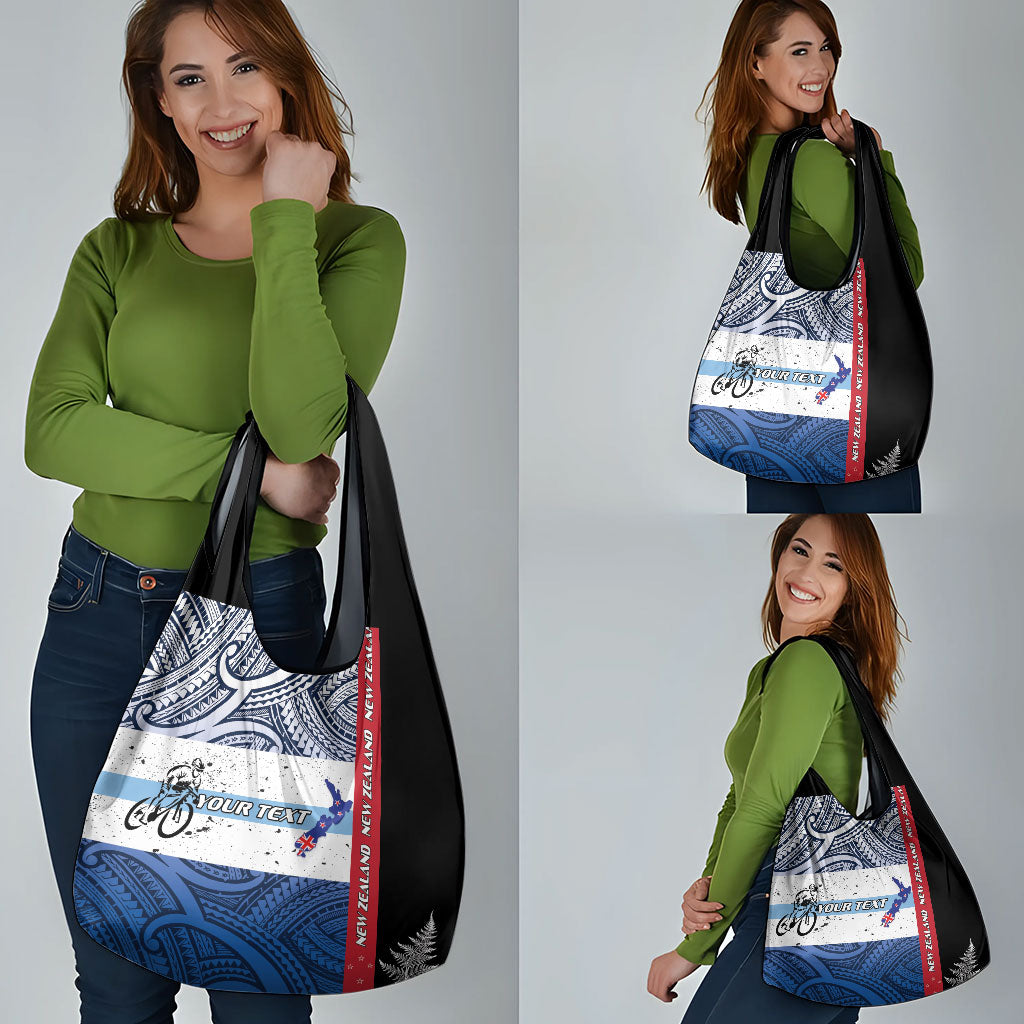 Personalised Cycling New Zealand Grocery Bag Aotearoa Map Fern Maori Pattern