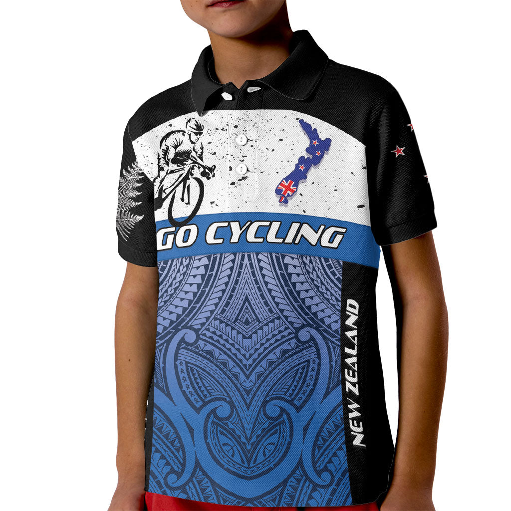 Personalised Cycling New Zealand Kid Polo Shirt Aotearoa Map Fern Maori Pattern
