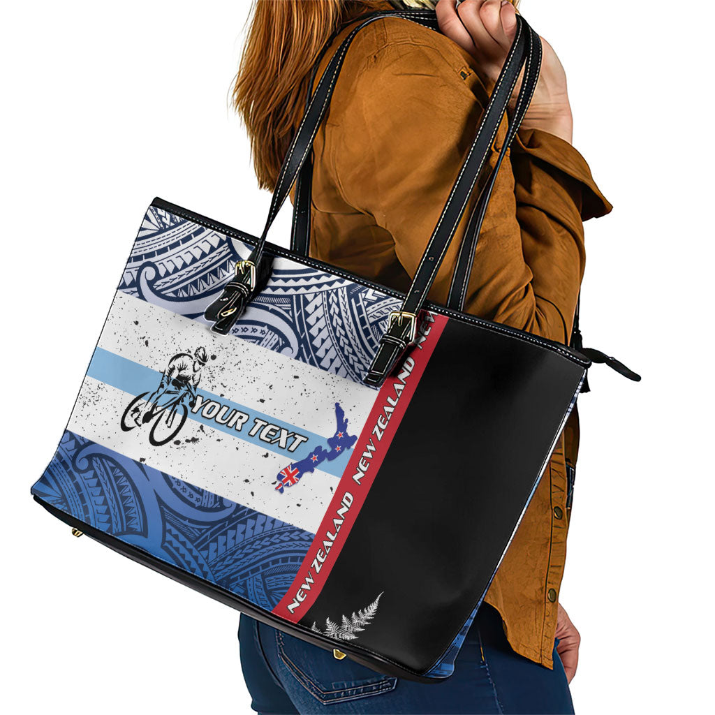 Personalised Cycling New Zealand Leather Tote Bag Aotearoa Map Fern Maori Pattern