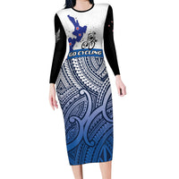 Personalised Cycling New Zealand Long Sleeve Bodycon Dress Aotearoa Map Fern Maori Pattern