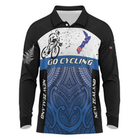 Personalised Cycling New Zealand Long Sleeve Polo Shirt Aotearoa Map Fern Maori Pattern