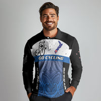 Personalised Cycling New Zealand Long Sleeve Polo Shirt Aotearoa Map Fern Maori Pattern