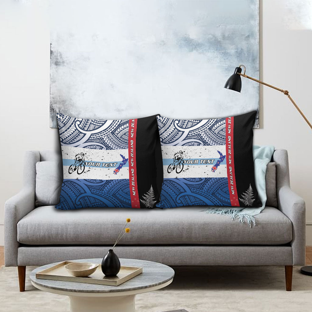 Personalised Cycling New Zealand Pillow Cover Aotearoa Map Fern Maori Pattern