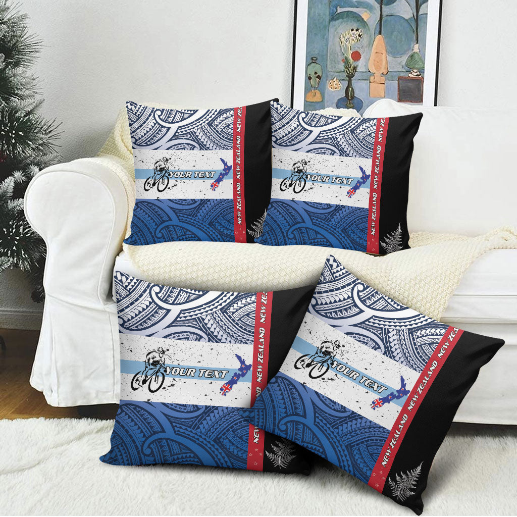 Personalised Cycling New Zealand Pillow Cover Aotearoa Map Fern Maori Pattern