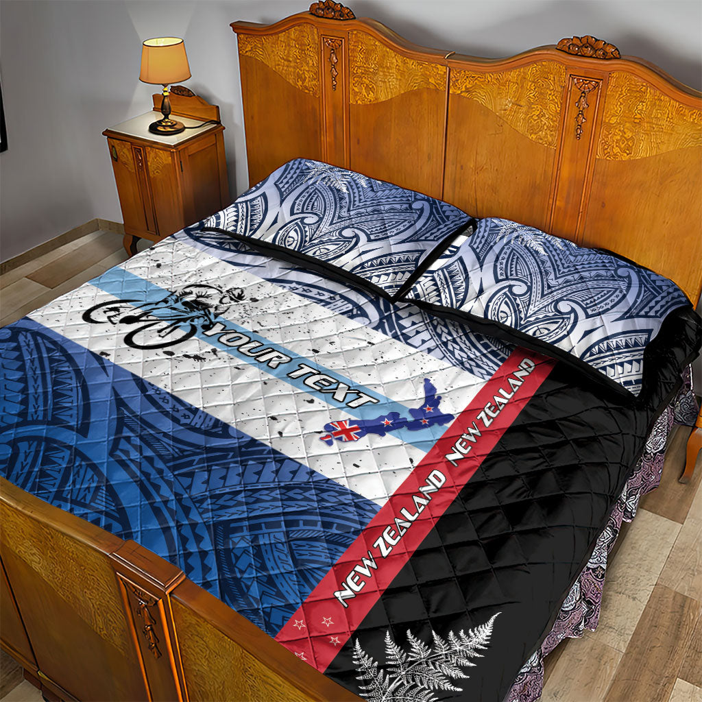 Personalised Cycling New Zealand Quilt Bed Set Aotearoa Map Fern Maori Pattern