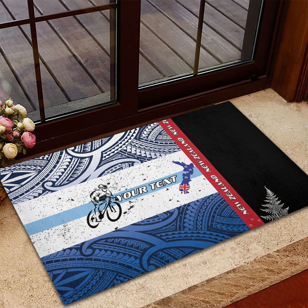 Personalised Cycling New Zealand Rubber Doormat Aotearoa Map Fern Maori Pattern