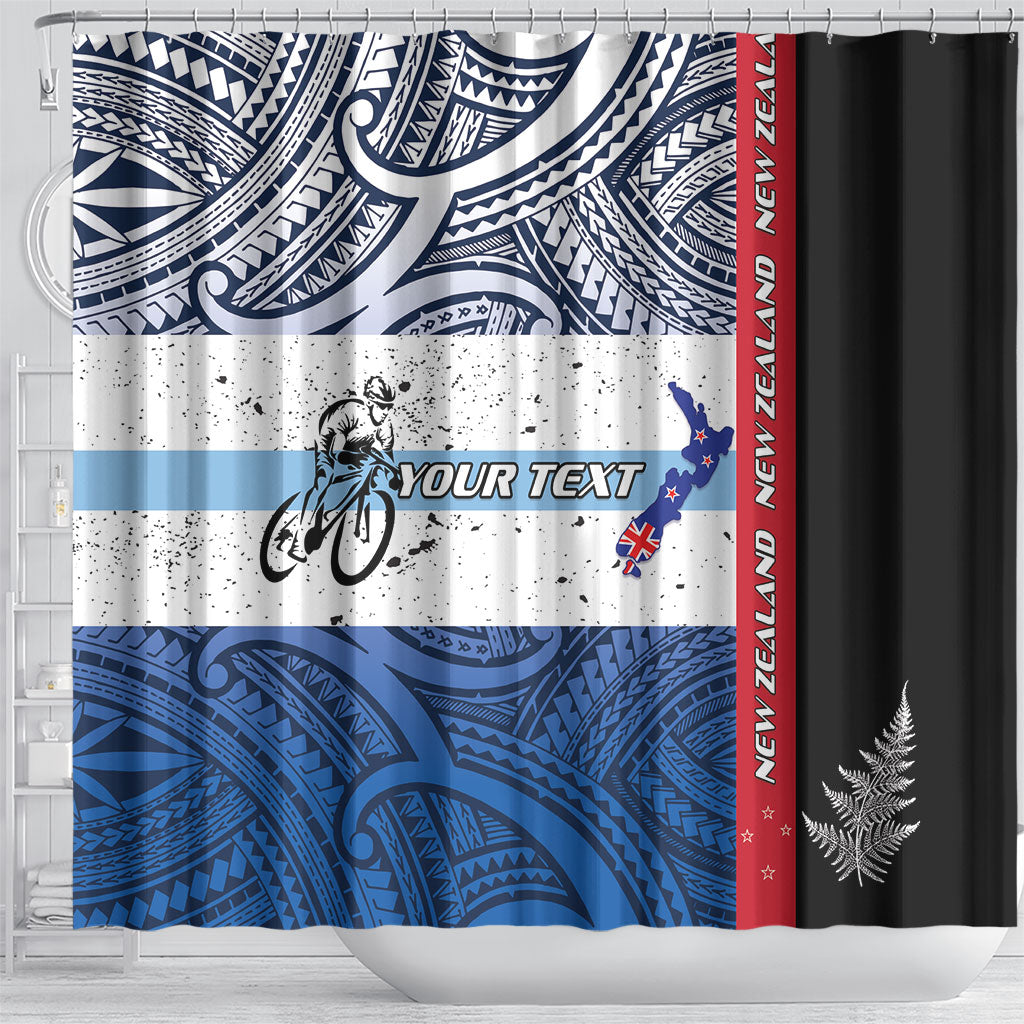Personalised Cycling New Zealand Shower Curtain Aotearoa Map Fern Maori Pattern