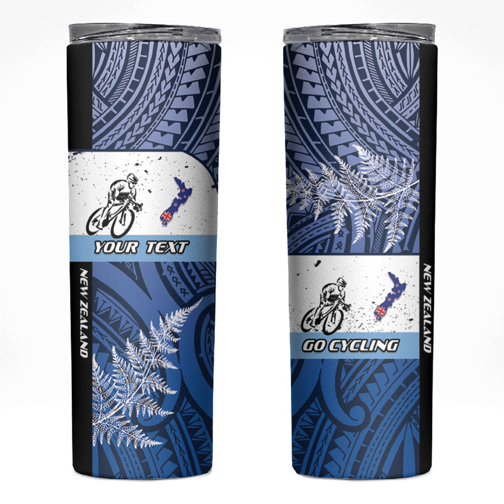 Personalised Cycling New Zealand Skinny Tumbler Aotearoa Map Fern Maori Pattern