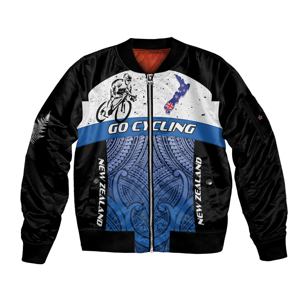 Personalised Cycling New Zealand Sleeve Zip Bomber Jacket Aotearoa Map Fern Maori Pattern