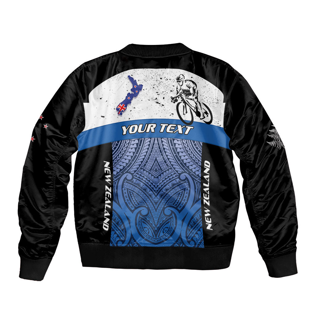 Personalised Cycling New Zealand Sleeve Zip Bomber Jacket Aotearoa Map Fern Maori Pattern