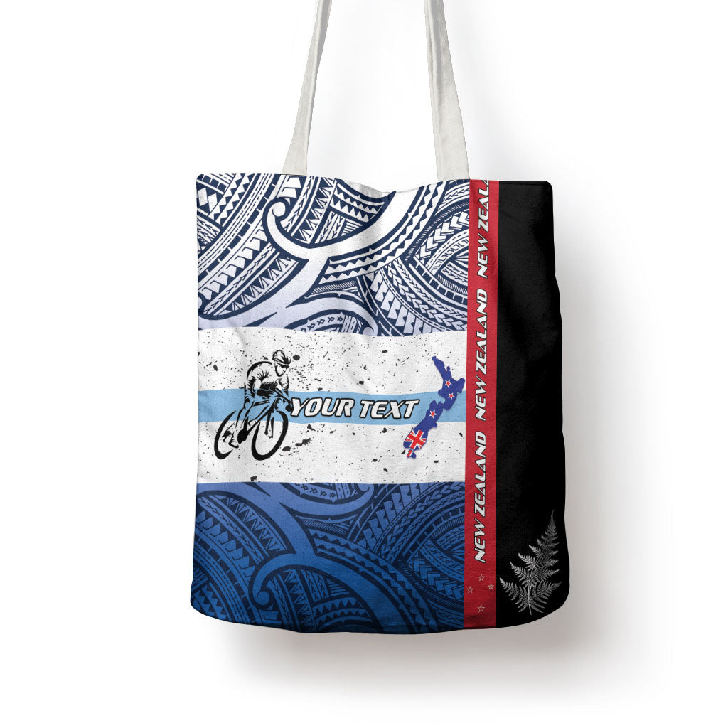 Personalised Cycling New Zealand Tote Bag Aotearoa Map Fern Maori Pattern