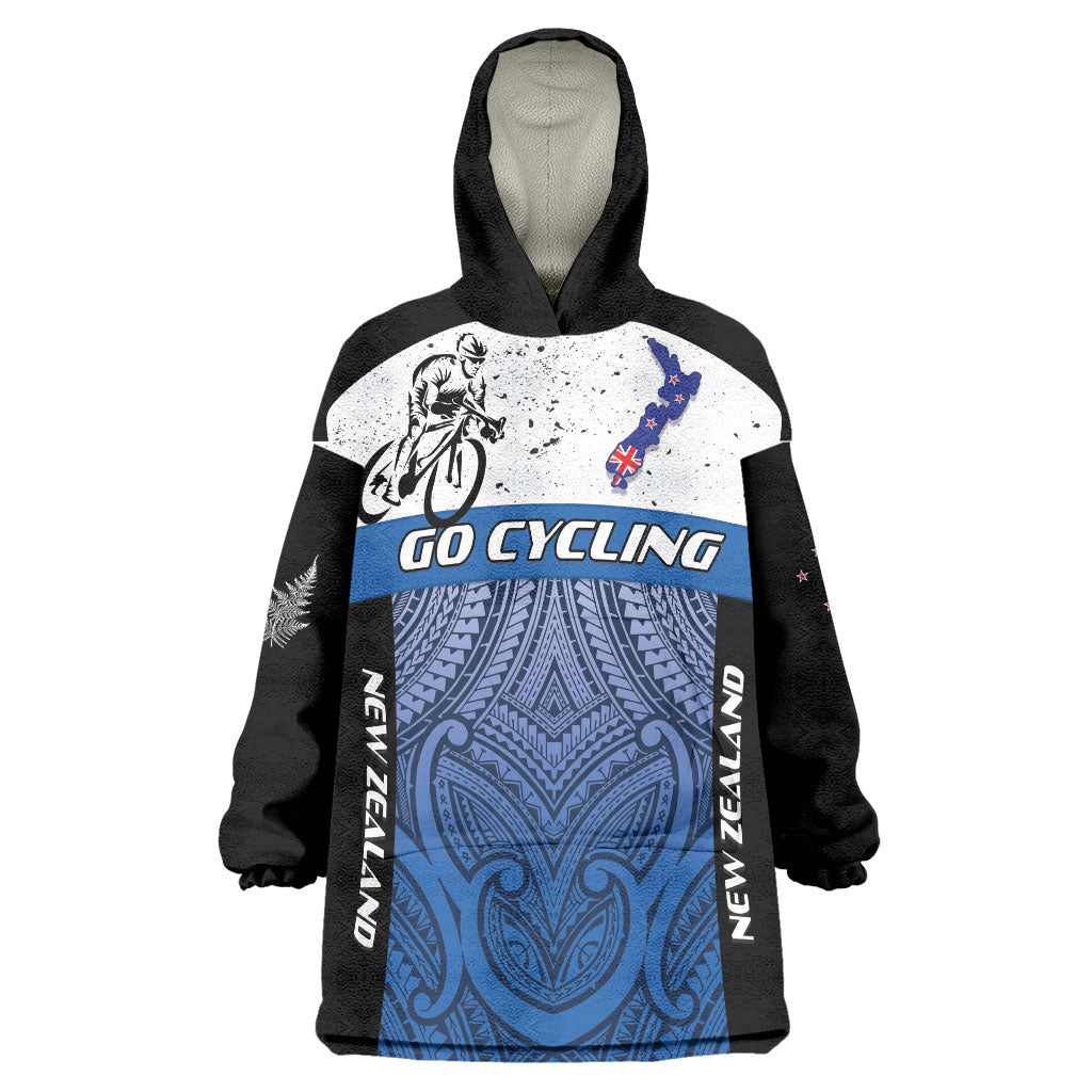 Personalised Cycling New Zealand Wearable Blanket Hoodie Aotearoa Map Fern Maori Pattern