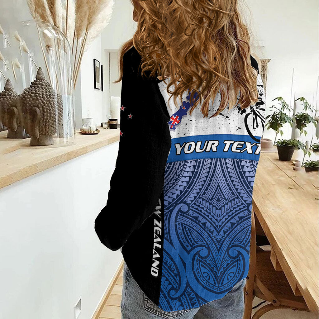 Personalised Cycling New Zealand Women Casual Shirt Aotearoa Map Fern Maori Pattern