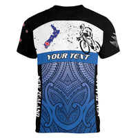 Personalised Cycling New Zealand Women V-Neck T-Shirt Aotearoa Map Fern Maori Pattern