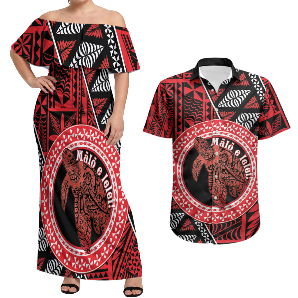 Personalised Tonga Language Week Couples Matching Off Shoulder Maxi Dress and Hawaiian Shirt Heilala Turtle Malo E Lelei