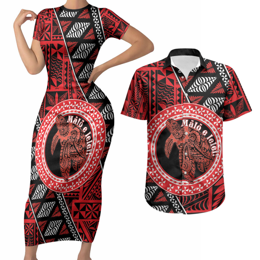 Personalised Tonga Language Week Couples Matching Short Sleeve Bodycon Dress and Hawaiian Shirt Heilala Turtle Malo E Lelei LT22 Red - Polynesian Pride