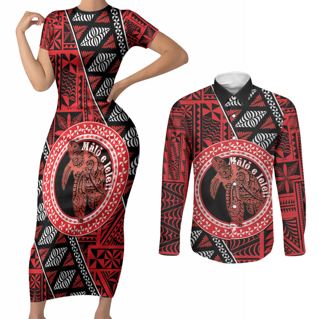 Personalised Tonga Language Week Couples Matching Short Sleeve Bodycon Dress and Long Sleeve Button Shirt Heilala Turtle Malo E Lelei