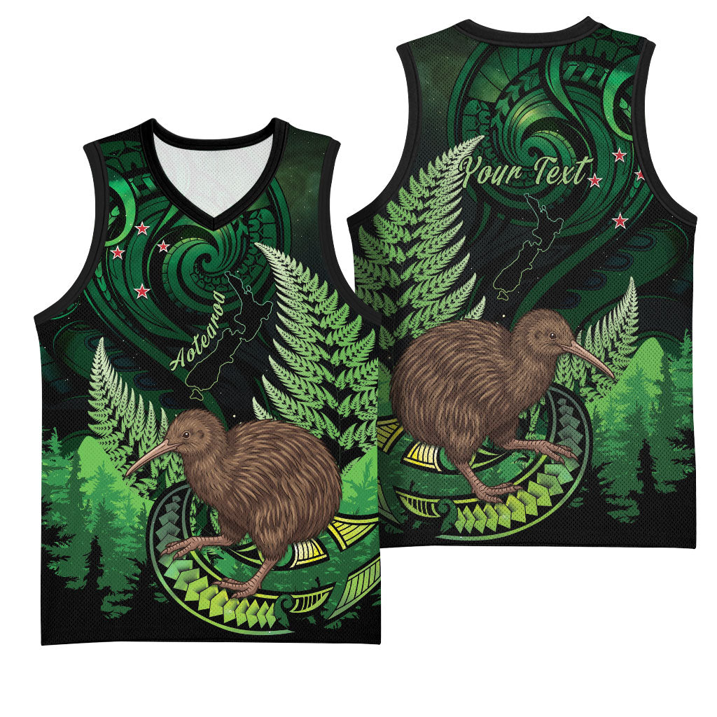 Kiwi New Zealand Personalised Basketball Jersey Aotearoa Map Silver Fern Koru Pattern