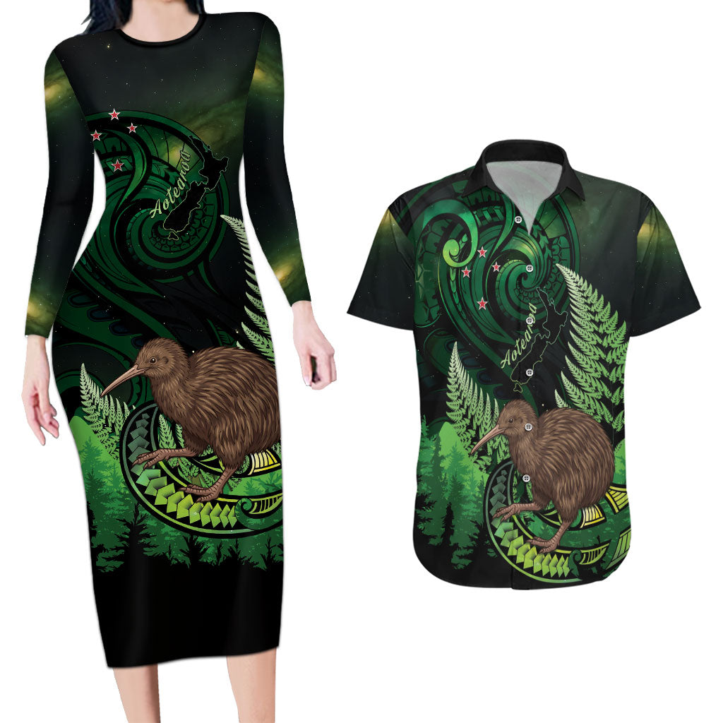 Kiwi New Zealand Personalised Couples Matching Long Sleeve Bodycon Dress and Hawaiian Shirt Aotearoa Map Silver Fern Koru Pattern
