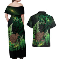 Kiwi New Zealand Personalised Couples Matching Off Shoulder Maxi Dress and Hawaiian Shirt Aotearoa Map Silver Fern Koru Pattern