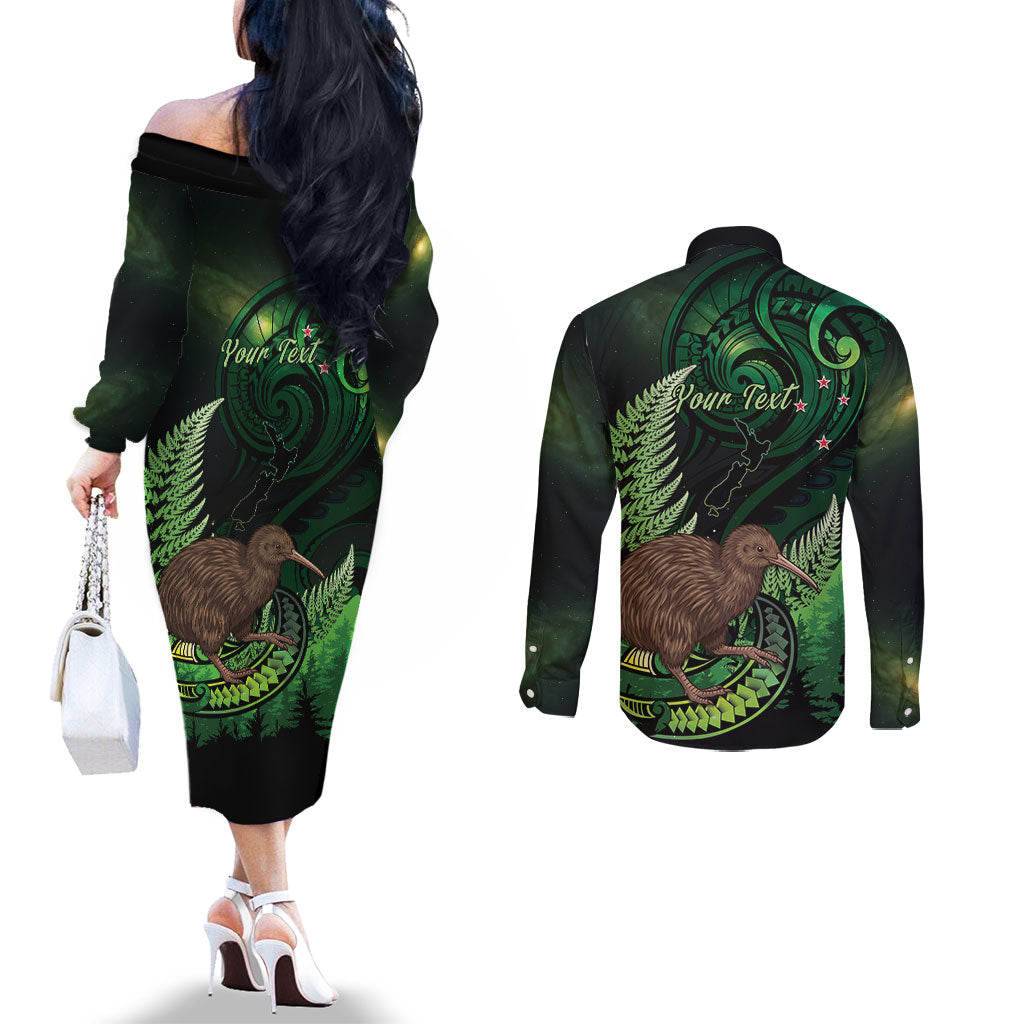 Kiwi New Zealand Personalised Couples Matching Off The Shoulder Long Sleeve Dress and Long Sleeve Button Shirt Aotearoa Map Silver Fern Koru Pattern