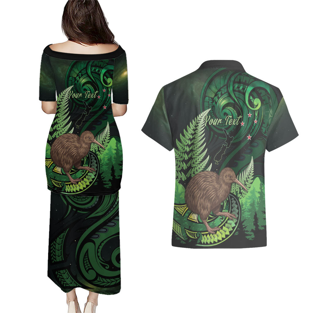 Kiwi New Zealand Personalised Couples Matching Puletasi and Hawaiian Shirt Aotearoa Map Silver Fern Koru Pattern