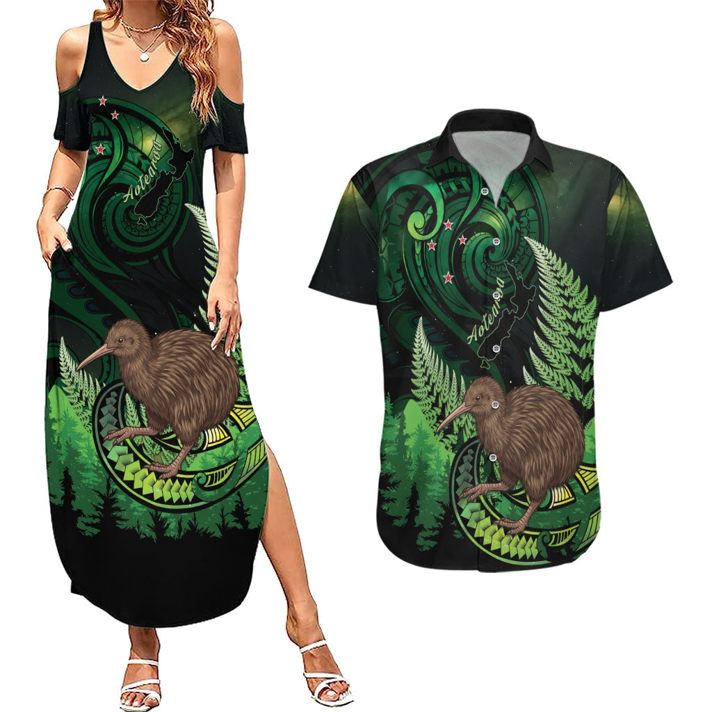 Kiwi New Zealand Personalised Couples Matching Summer Maxi Dress and Hawaiian Shirt Aotearoa Map Silver Fern Koru Pattern