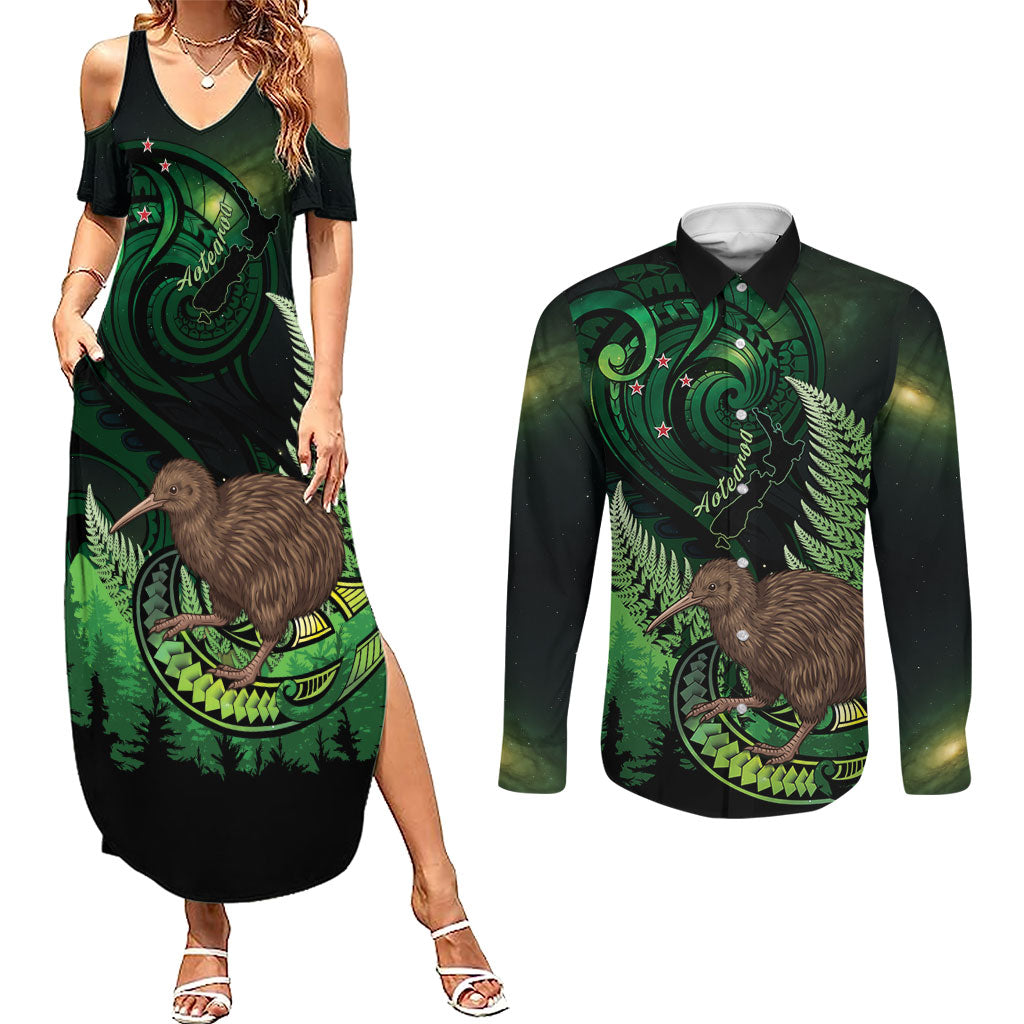 Kiwi New Zealand Personalised Couples Matching Summer Maxi Dress and Long Sleeve Button Shirt Aotearoa Map Silver Fern Koru Pattern