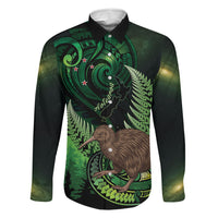 Kiwi New Zealand Personalised Family Matching Mermaid Dress and Hawaiian Shirt Aotearoa Map Silver Fern Koru Pattern LT22 Dad's Shirt - Long Sleeve Green - Polynesian Pride