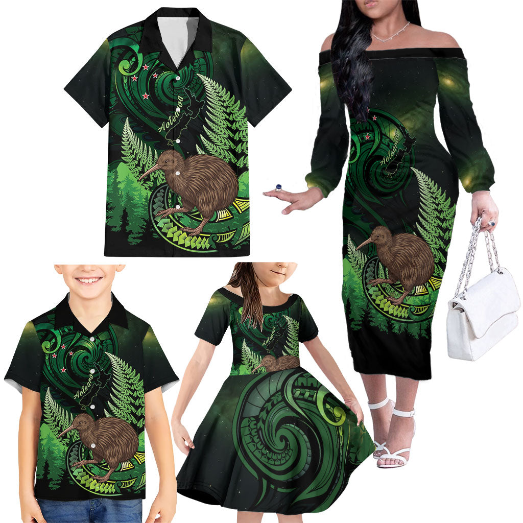 Kiwi New Zealand Personalised Family Matching Off The Shoulder Long Sleeve Dress and Hawaiian Shirt Aotearoa Map Silver Fern Koru Pattern LT22 - Polynesian Pride