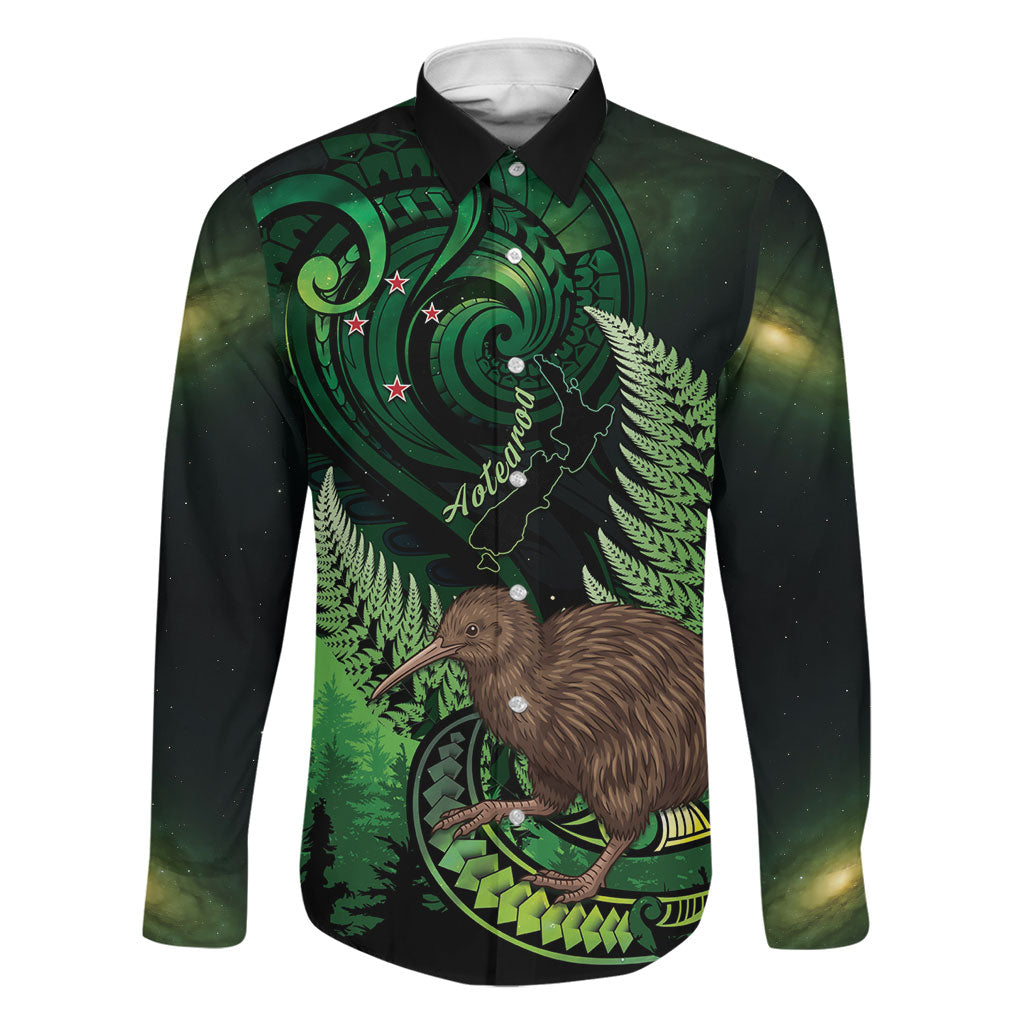 Kiwi New Zealand Personalised Family Matching Off The Shoulder Long Sleeve Dress and Hawaiian Shirt Aotearoa Map Silver Fern Koru Pattern LT22 Dad's Shirt - Long Sleeve Green - Polynesian Pride