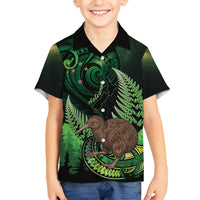 Kiwi New Zealand Personalised Family Matching Off The Shoulder Long Sleeve Dress and Hawaiian Shirt Aotearoa Map Silver Fern Koru Pattern LT22 Son's Shirt Green - Polynesian Pride