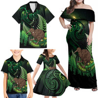 Kiwi New Zealand Personalised Family Matching Off Shoulder Maxi Dress and Hawaiian Shirt Aotearoa Map Silver Fern Koru Pattern LT22 - Polynesian Pride