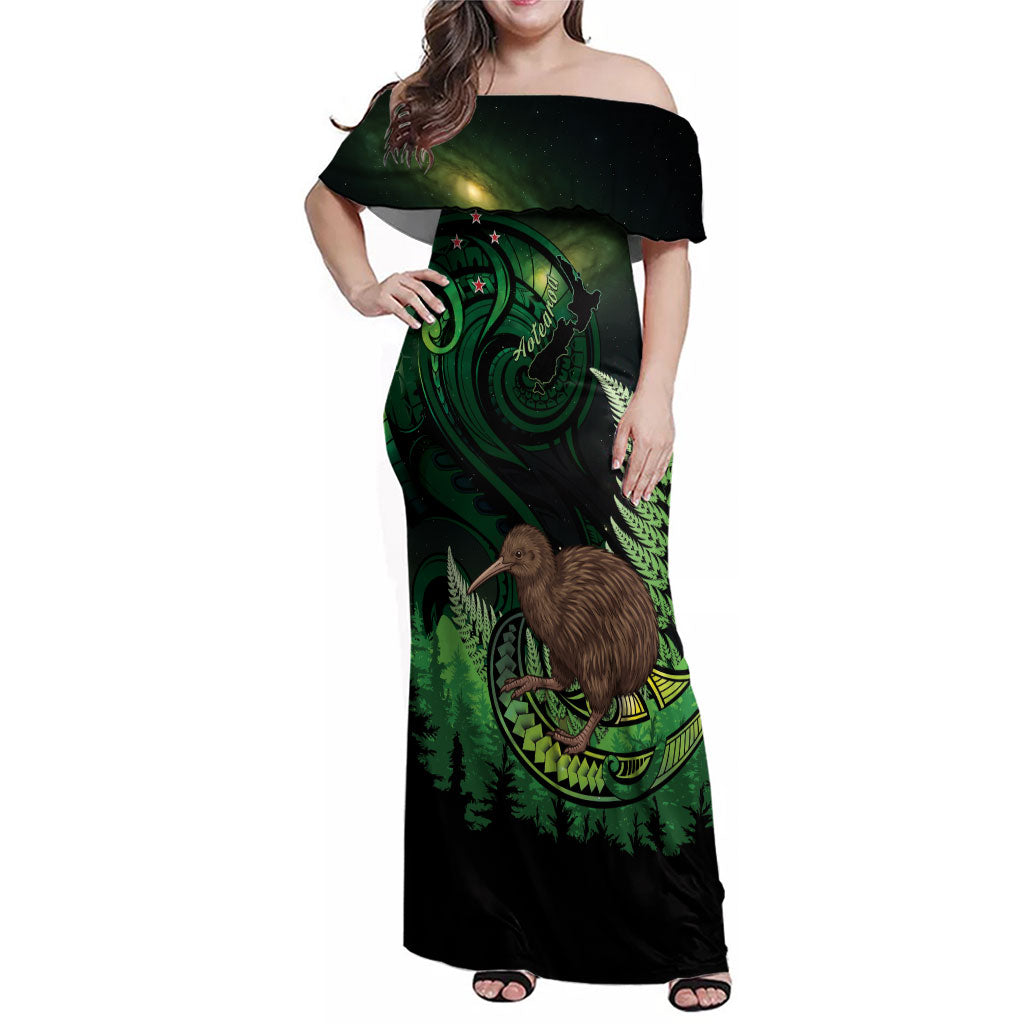 Kiwi New Zealand Personalised Family Matching Off Shoulder Maxi Dress and Hawaiian Shirt Aotearoa Map Silver Fern Koru Pattern LT22 Mom's Dress Green - Polynesian Pride