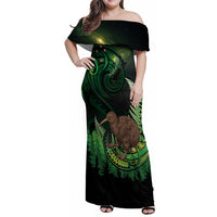Kiwi New Zealand Personalised Family Matching Off Shoulder Maxi Dress and Hawaiian Shirt Aotearoa Map Silver Fern Koru Pattern LT22 Mom's Dress Green - Polynesian Pride