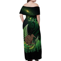 Kiwi New Zealand Personalised Family Matching Off Shoulder Maxi Dress and Hawaiian Shirt Aotearoa Map Silver Fern Koru Pattern LT22 - Polynesian Pride